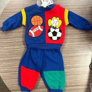 Vintage Small Steps Sweatshirt Pants Set Boys Size 18M Blue Sports Colorblock
